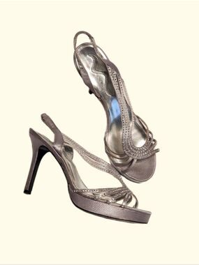 Nina Satin Rhinestone Strappy Sling Back Stiletto Dressy Party Sandals Silver 10